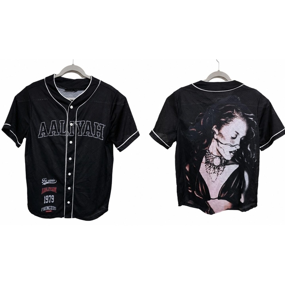 Aaliyah Shirt Mens‎ Medium Black Graphic Short Sleeve Button Jersey Hip Hop 8439